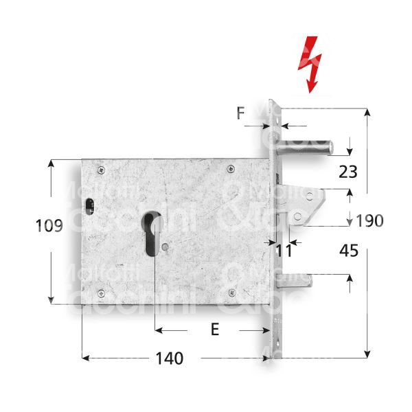 Fiam 3819000 elettroserratura infilare a gancio sporgente e 90 ambidestra per cancello zincato foro sagomato