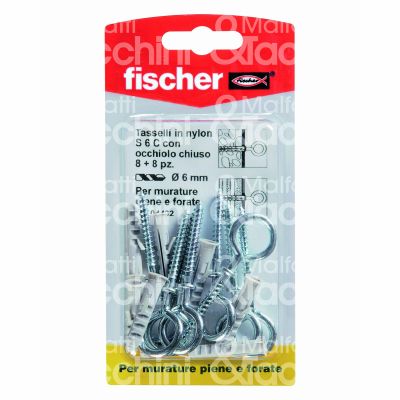 Fischer 504430 tassello nylon s 6 c/1k confezione blister pz 8 impronta occhiolo aperto Ø foro mm 6 l mm 30