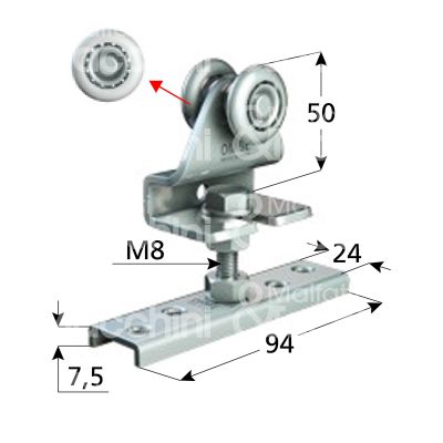 Omge 1222 carrello per scorrevoli art. 1222 roll-ge 20 2 ruote materiale delrin Ø mm 24 fissaggio perno m 8 portata kg 25 per binario art. 20