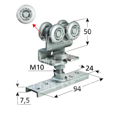 Omge 1223 carrello per scorrevoli art. 1223 roll-ge 20 4 ruote materiale delrin Ø mm 24 fissaggio con piastra portata kg 35 per binario art. 20