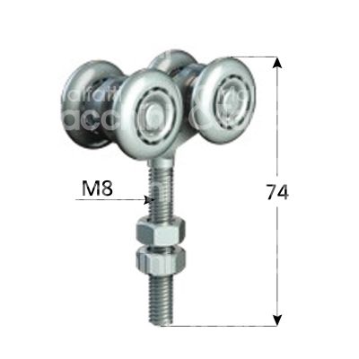 Omge 1285 carrello per scorrevoli art. 1285 roll-ge 20 4 ruote materiale delrin Ø mm 24 fissaggio perno m 8 portata kg 35 per binario art. 20