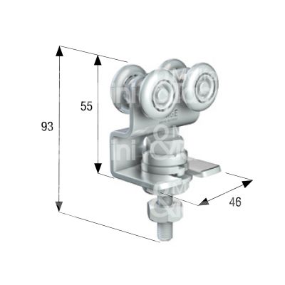 Omge 40 carrello per scorrevoli art. 40 roll-ge 20 4 ruote materiale acciaio nylon Ø mm 24 fissaggio con piastra portata kg 45 per binario art. 20