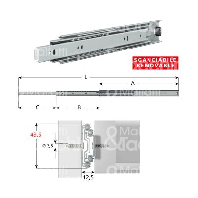 Omge 82535 coppia guida cassetto art. 82535 ferro zincato portata cp kg 30 estrazione totale a mm 350 b mm 170 c mm 185 l mm 705