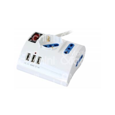 M&t 900 88823 multipresa 6 posti con interruttore art. 8024 bianco uscite frontali 1 presa 2p+t 16a bipasso/schuko 1 presa 2p+t 16a bipasso - uscite laterali 3 porte usb - 1 presa 2p+t bipasso cavo 1,5 mt. spina 2p+t 10a limitatore termico sovraccarico